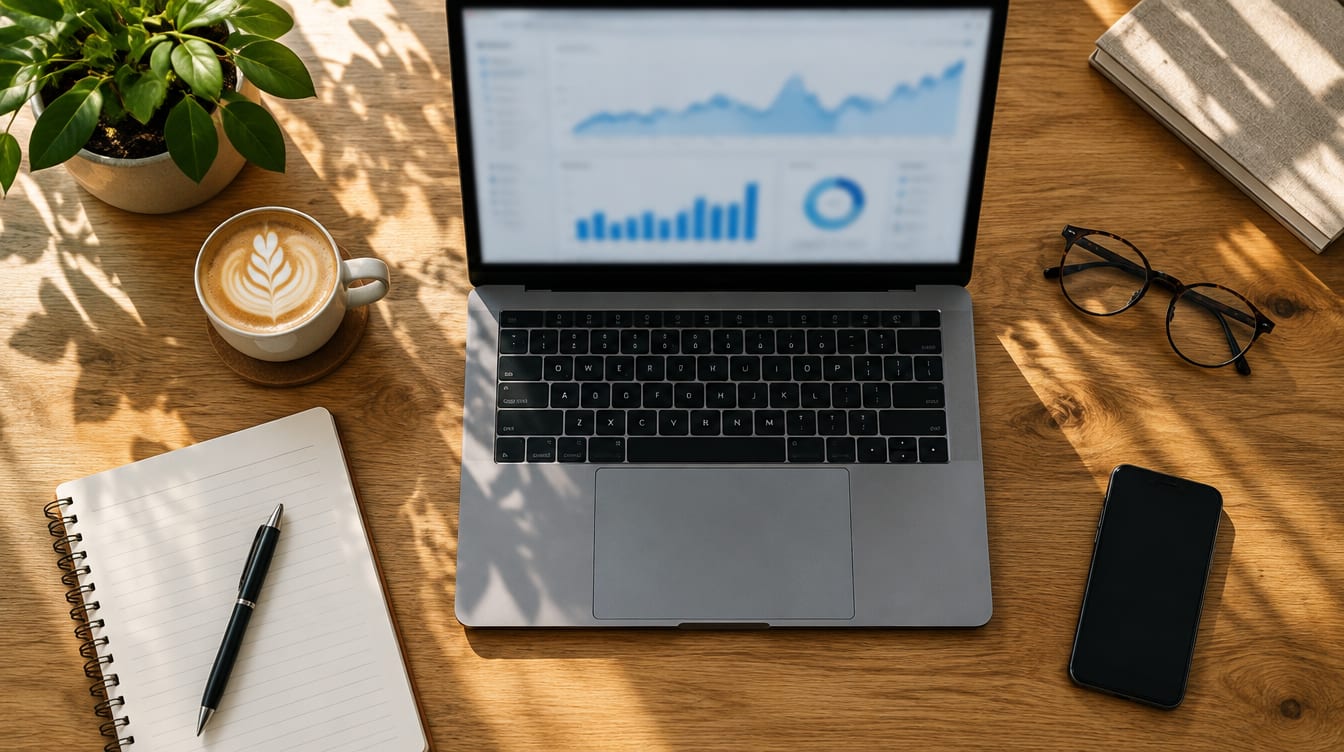A desk with a laptop showing a line chart, a notebook and a coffee