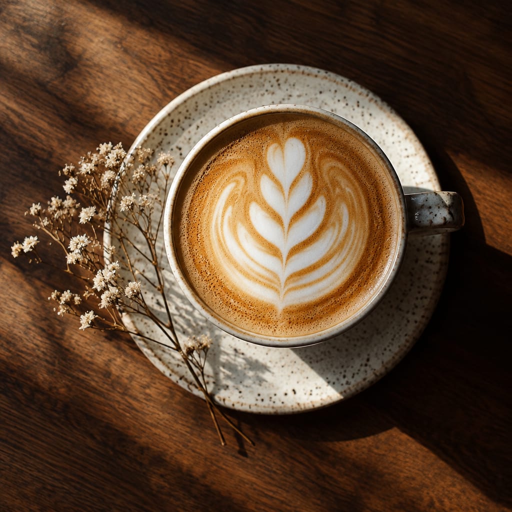 A flat white on a speckled ceramic saucer, shot from above