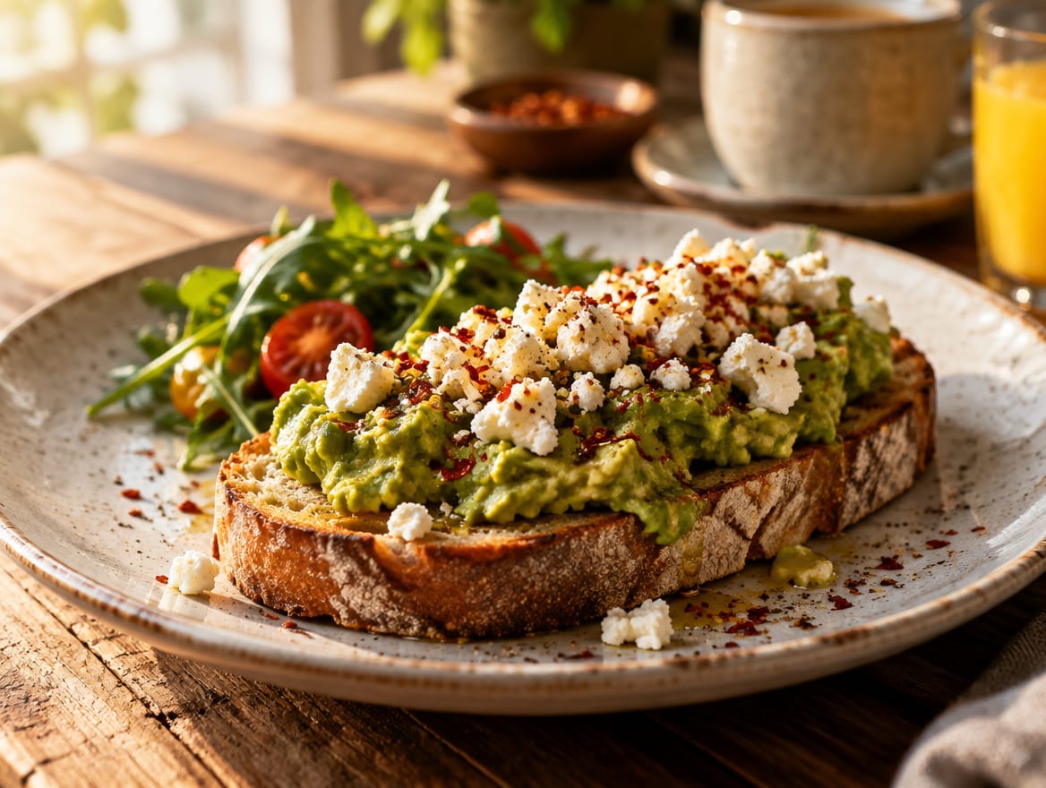 Smashed avocado on sourdough with feta and chilli