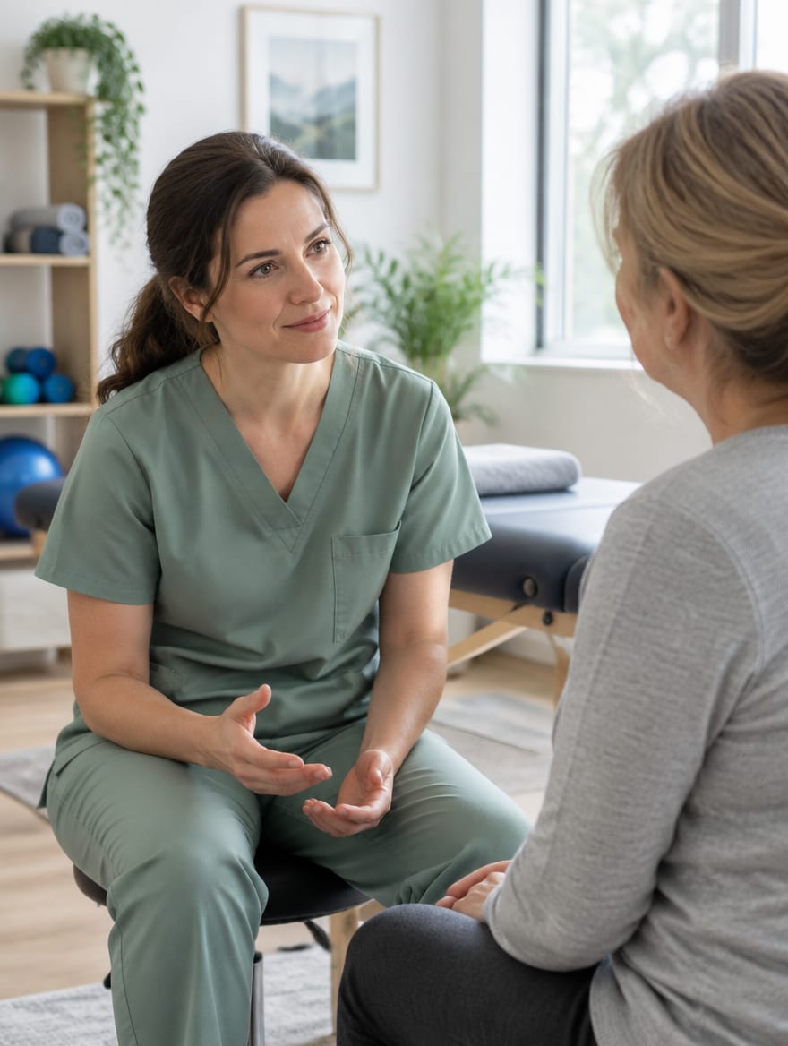 A physiotherapist talking with a seated patient