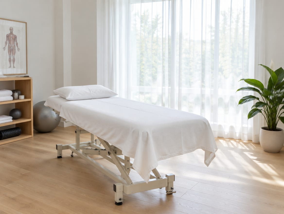 A quiet treatment room with a window and a single plant