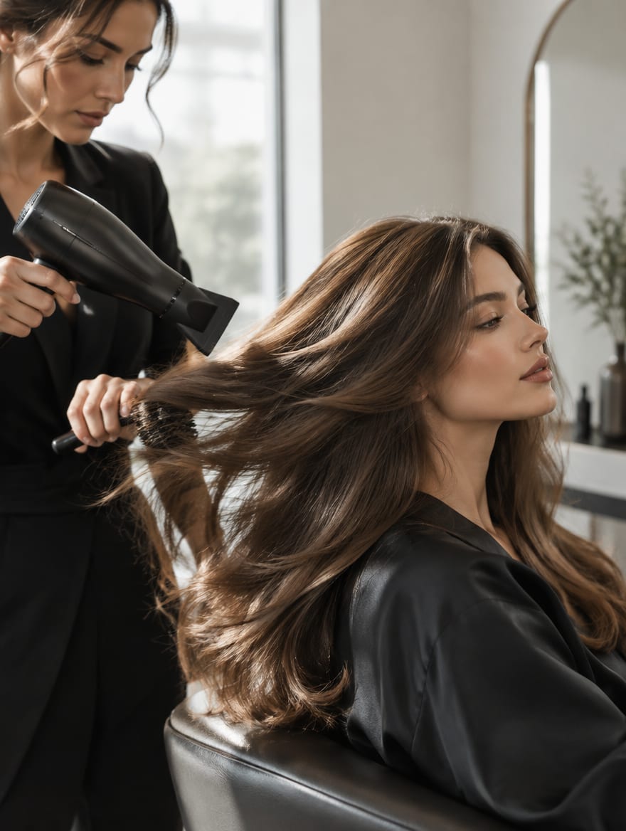 A stylist blow-drying long glossy hair