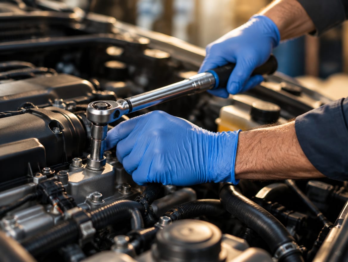 A mechanic's gloved hands torquing a bolt in an engine bay