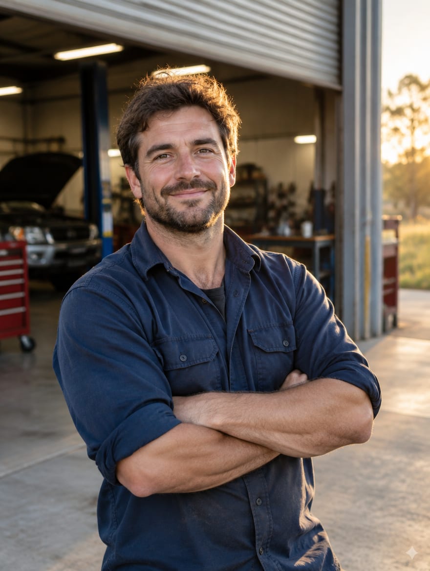 A mechanic standing in front of the workshop roller door