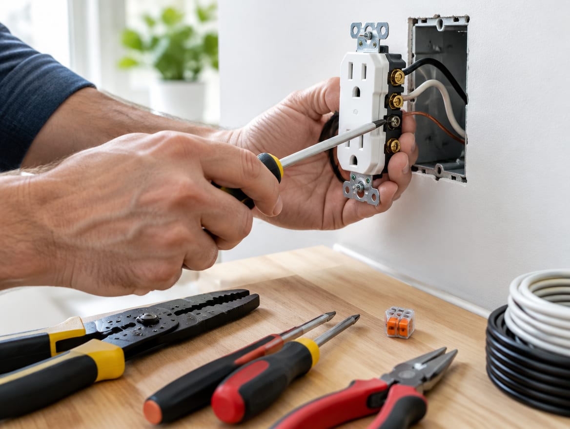 An electrician's hands wiring a modern power outlet